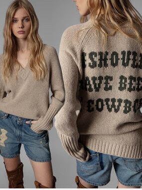 Zadig & Voltaire Beige V-Neck Knit Sweater with Dark Green Back Text